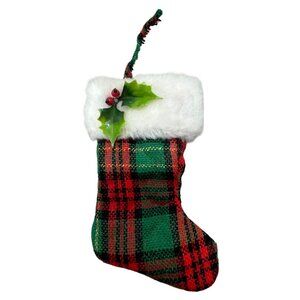 Plaid Mini Christmas Stocking With Faux Fur Cuff & Holly Accent READ